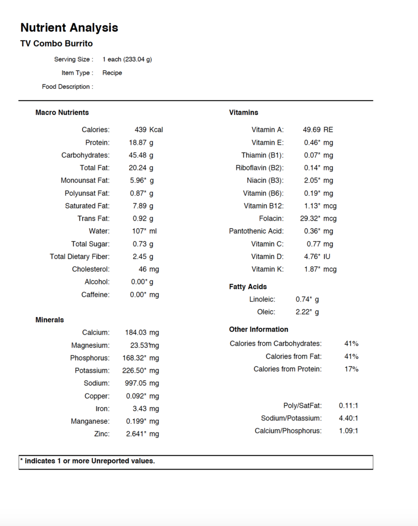 Nutritional Information Taco Villa